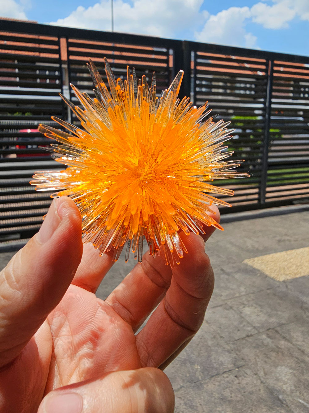 A spiky crystal ball of monoammonium phosphate crystals