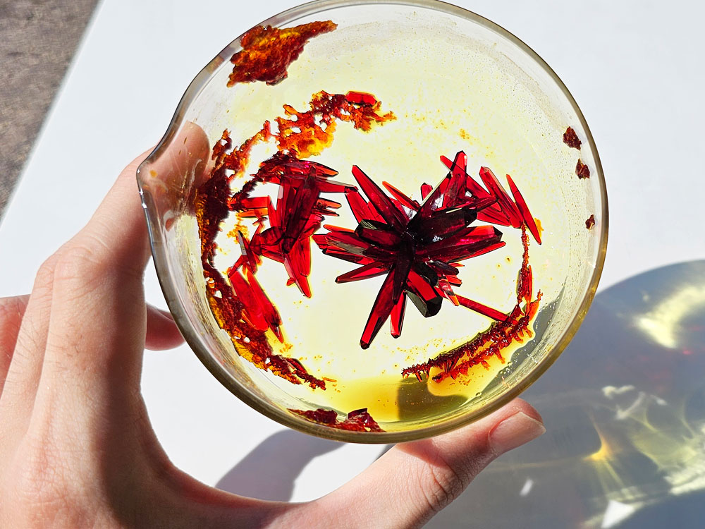 A large cluster of potassium ferricyanide crystals in a dish.