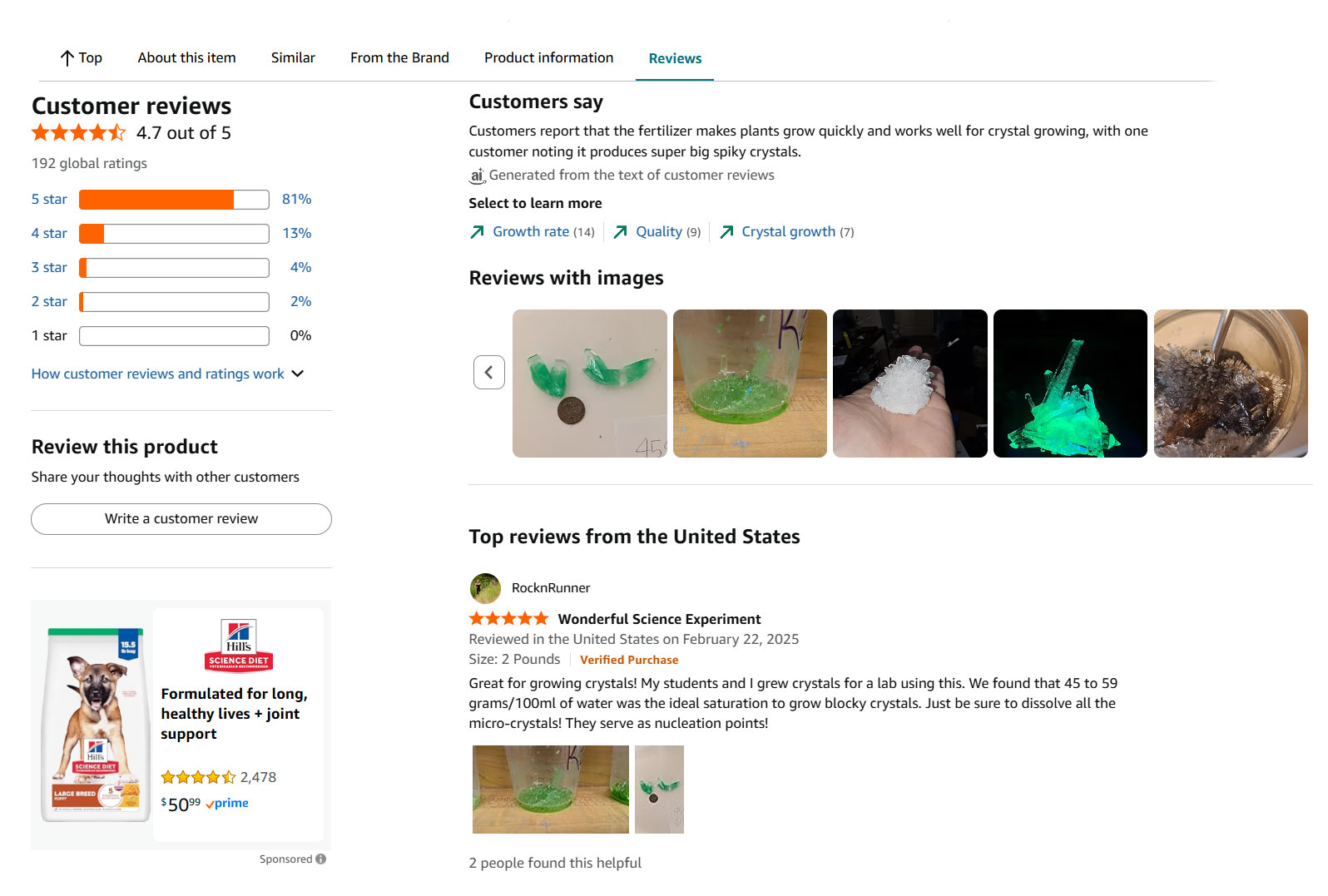 Crystal growing reviews on an Amazon fertilizer listing