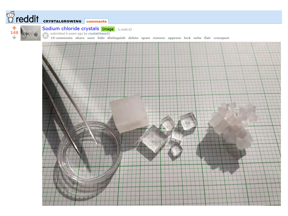 A screenshot of a Reddit post on sodium chloride crystals